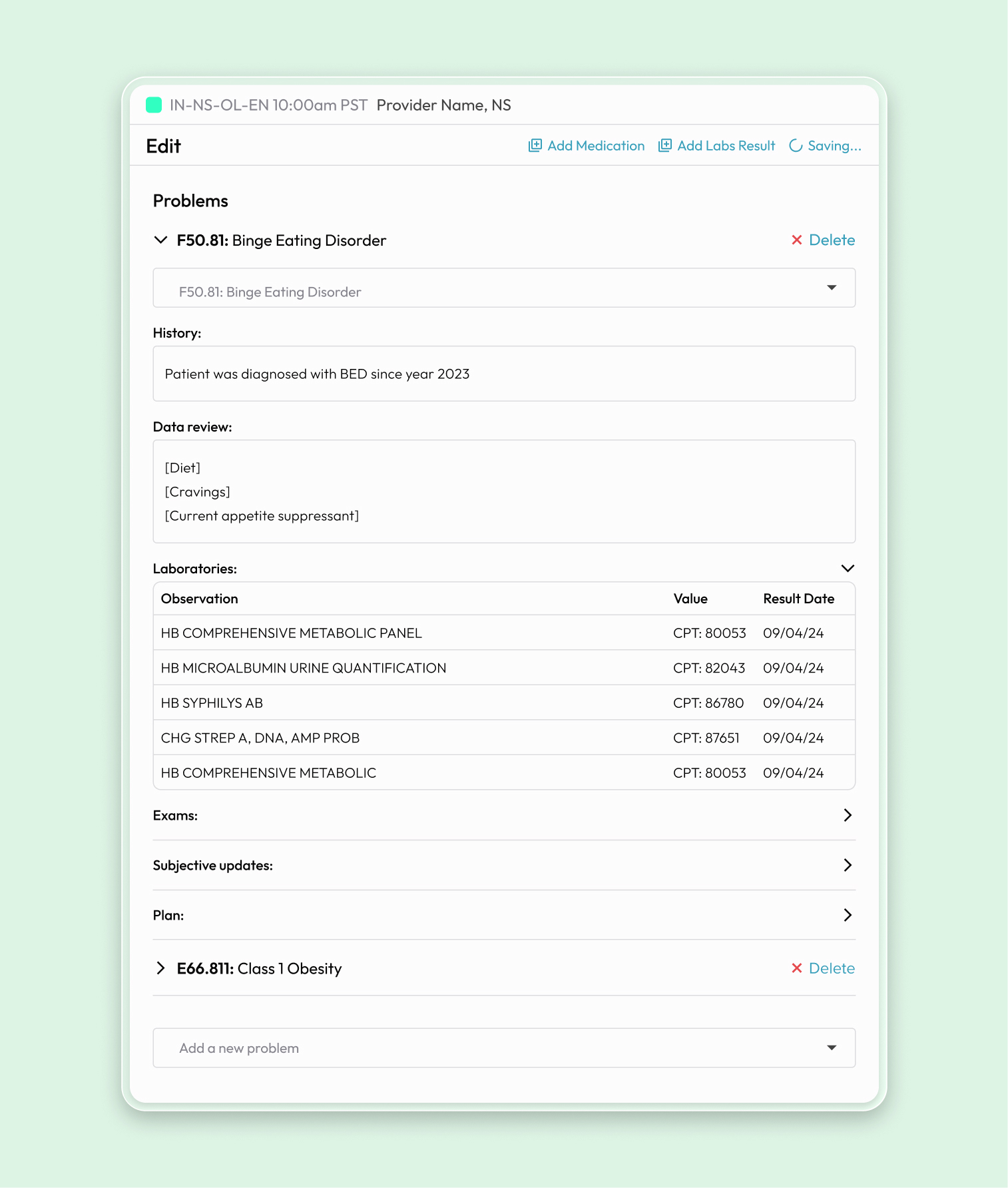 Medical note editor interface with structured editing fields